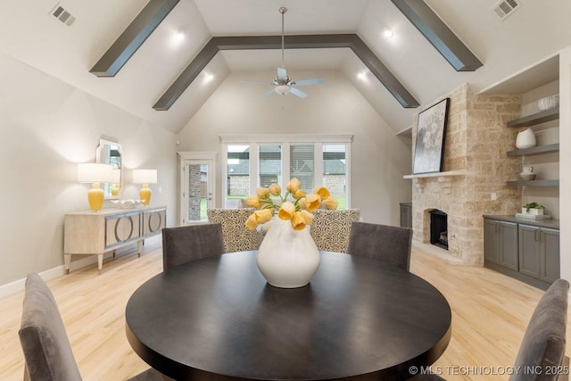 2708 W Van Buren Ct, Broken Arrow, OK 74134 - dining room featuring a ceiling fan, light wood finished floors, a fireplace, and high vaulted ceiling