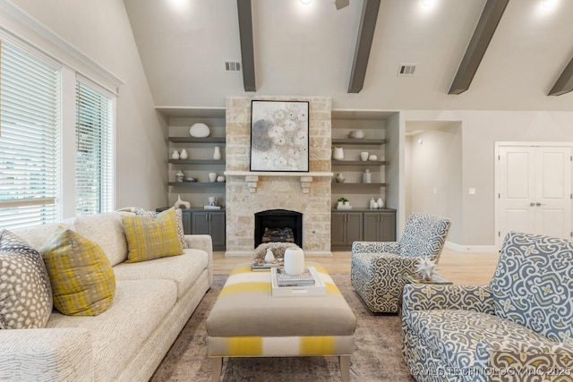 2708 W Van Buren Ct, Broken Arrow, OK 74134 - living room with wood finished floors, beamed ceiling, high vaulted ceiling, a fireplace, and built in shelves