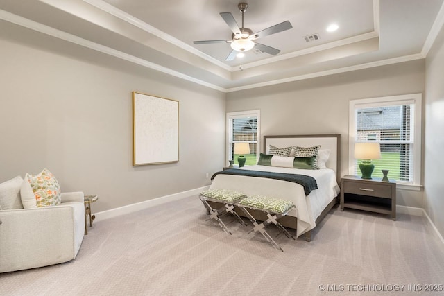 2708 W Van Buren Ct, Broken Arrow, OK 74134 - bedroom featuring a raised ceiling, light carpet, ornamental molding, a ceiling fan, and recessed lighting