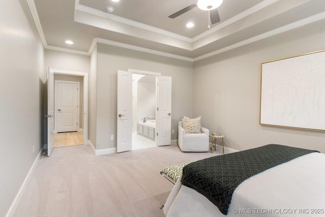 2708 W Van Buren Ct, Broken Arrow, OK 74134 - bedroom with a raised ceiling, ornamental molding, light carpet, connected bathroom, and recessed lighting