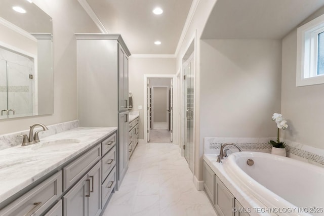 2708 W Van Buren Ct, Broken Arrow, OK 74134 - full bathroom with vanity, marble finish floors, a stall shower, a bath, and crown molding