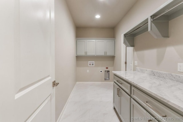 2708 W Van Buren Ct, Broken Arrow, OK 74134 - laundry area with electric dryer hookup, washer hookup, light marble finish flooring, cabinet space, and recessed lighting