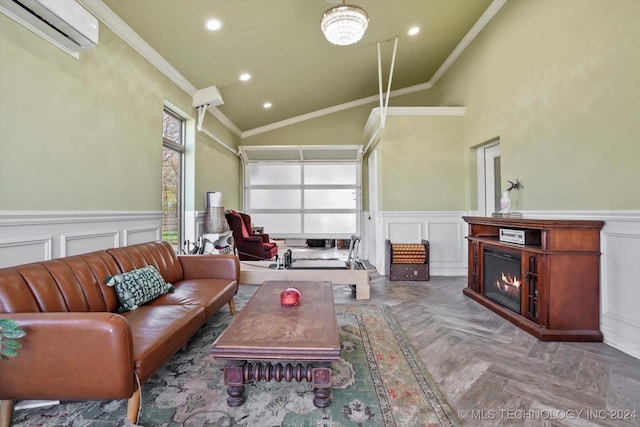 living room featuring a wall mounted air conditioner, dark parquet floors, lofted ceiling, and crown molding