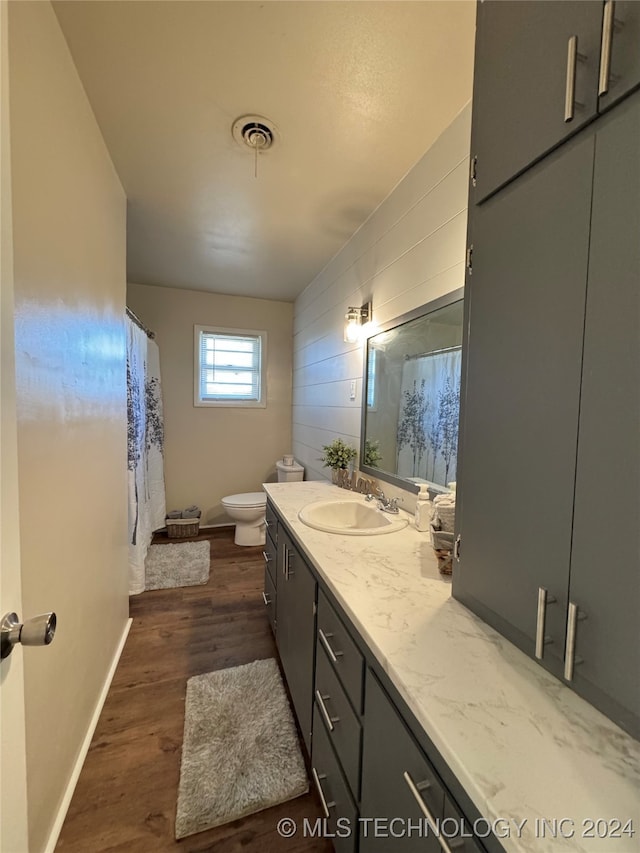 bathroom featuring hardwood / wood-style floors, vanity, and toilet