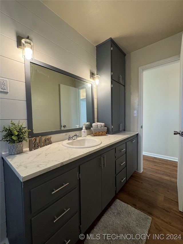 bathroom with hardwood / wood-style flooring and vanity