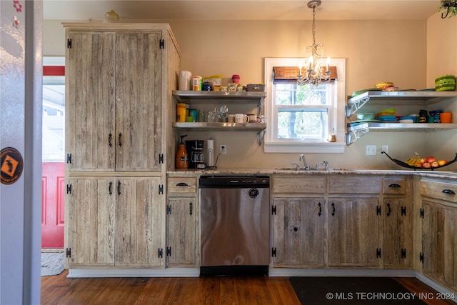 kitchen with pendant lighting, sink, stainless steel dishwasher, dark hardwood / wood-style floors, and a notable chandelier