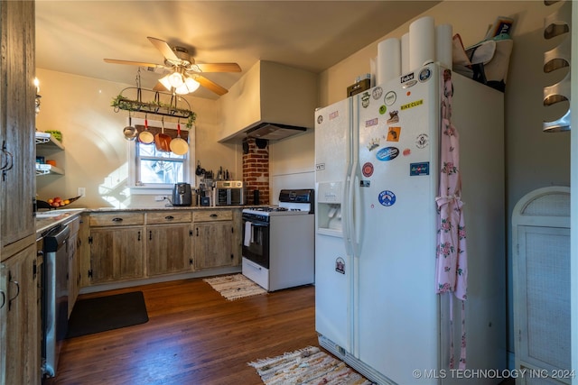 kitchen with dark hardwood / wood-style flooring, white appliances, extractor fan, and ceiling fan