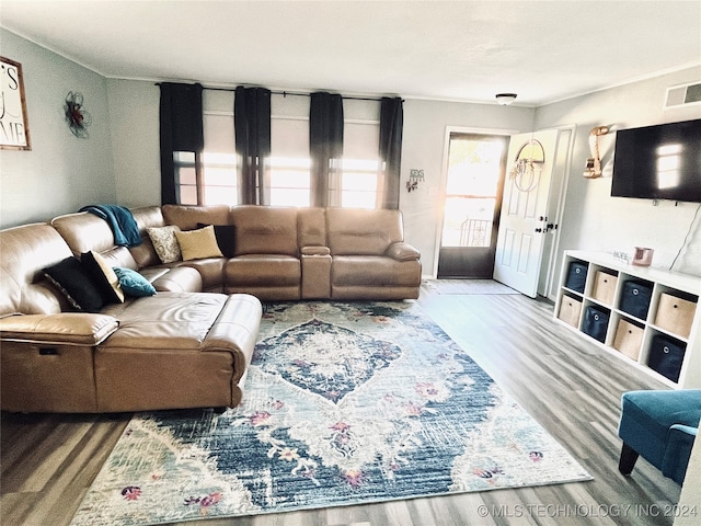 living room featuring crown molding and wood-type flooring