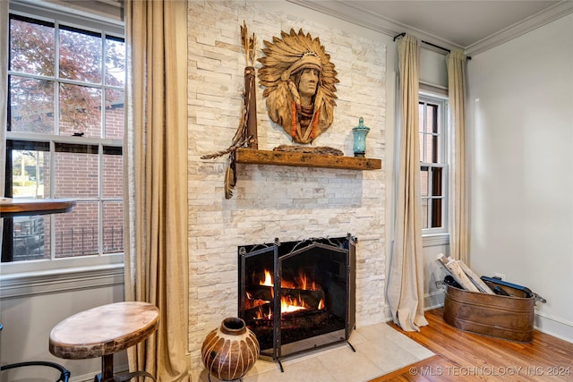 room details featuring hardwood / wood-style flooring, a stone fireplace, and crown molding