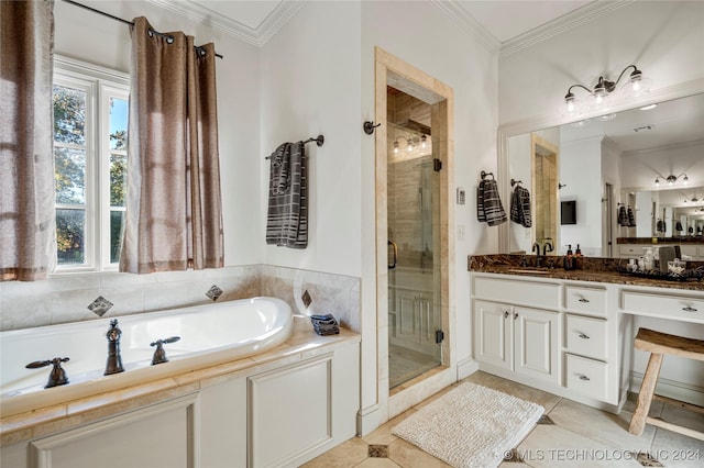 bathroom featuring separate shower and tub, tile patterned flooring, vanity, and ornamental molding