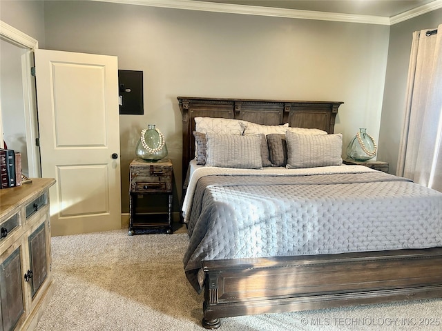 bedroom featuring light carpet and crown molding