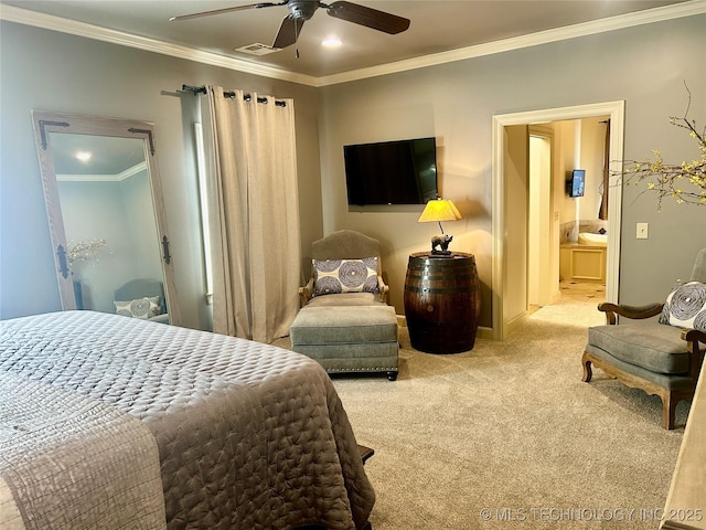 bedroom with connected bathroom, ceiling fan, crown molding, and light carpet