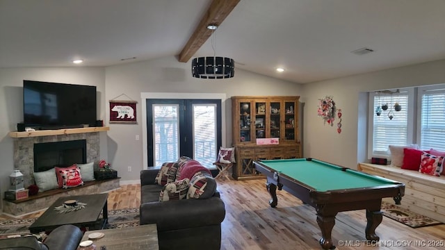 rec room featuring hardwood / wood-style flooring, pool table, lofted ceiling with beams, and french doors