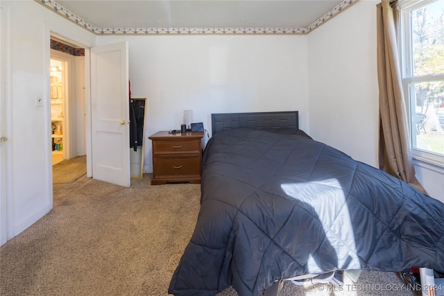 bedroom featuring light carpet