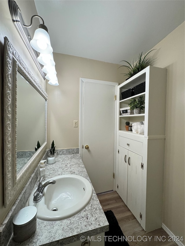 bathroom with vanity and hardwood / wood-style flooring