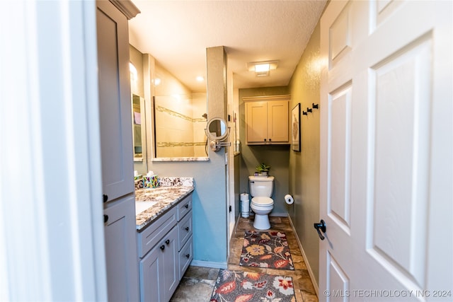 bathroom featuring a shower, a textured ceiling, vanity, and toilet