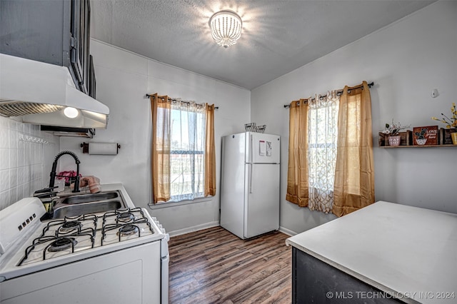 kitchen featuring plenty of natural light, wood-type flooring, white appliances, and sink