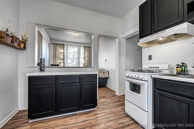 kitchen featuring wood-type flooring, white gas range oven, and tasteful backsplash