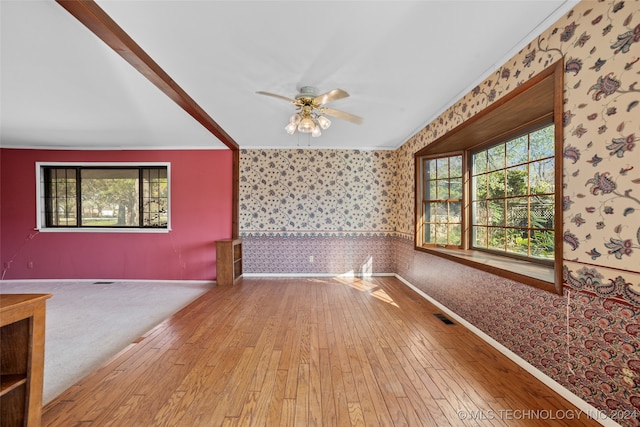 spare room featuring wood-type flooring, ornamental molding, ceiling fan, and a healthy amount of sunlight