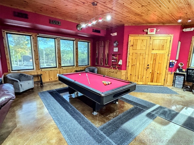 recreation room with concrete flooring, wood ceiling, and billiards