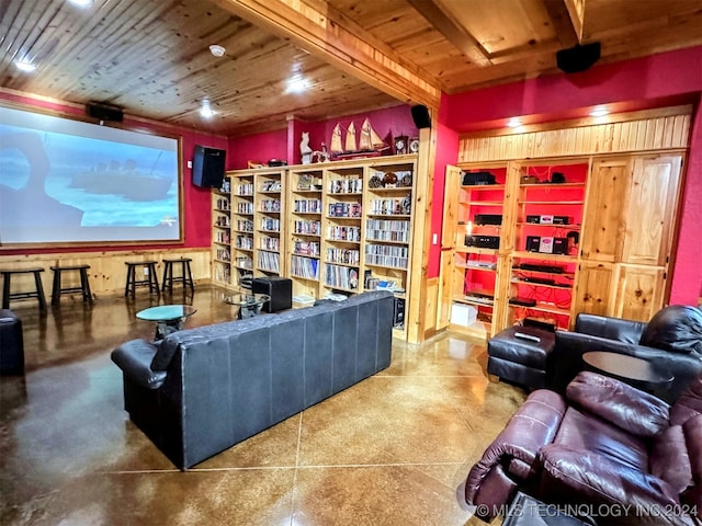 cinema with beam ceiling and wooden ceiling