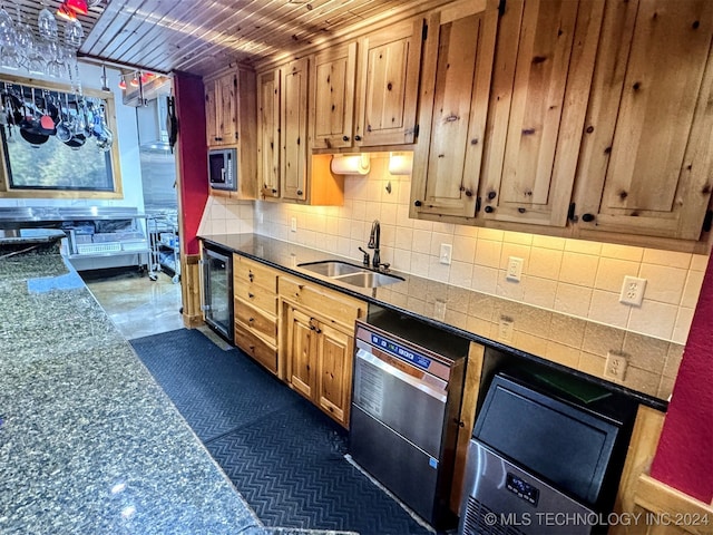 kitchen with dishwasher, sink, wooden ceiling, beverage cooler, and decorative backsplash