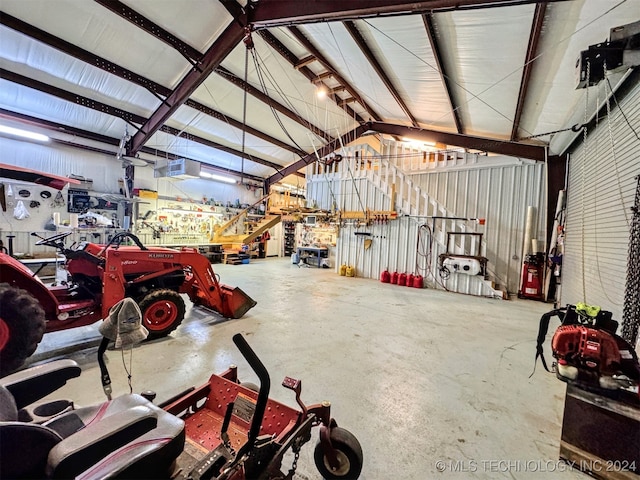 garage with a workshop area