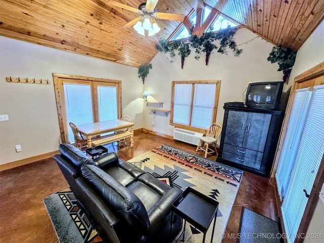 living room featuring vaulted ceiling, ceiling fan, and wood ceiling