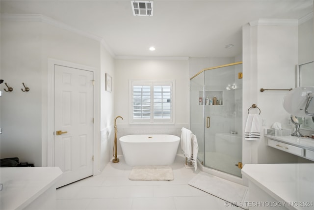 bathroom featuring crown molding, tile patterned flooring, vanity, and shower with separate bathtub