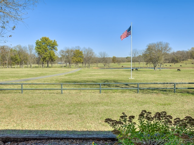 view of community with a lawn and a rural view