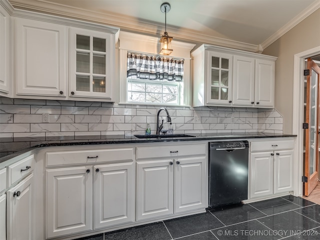 kitchen featuring pendant lighting, black dishwasher, white cabinetry, and sink