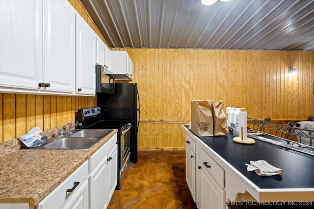 kitchen featuring sink, white cabinetry, wood walls, and electric stove