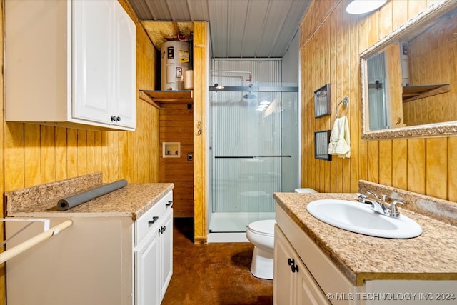 bathroom featuring concrete floors, toilet, wooden walls, a shower with door, and vanity