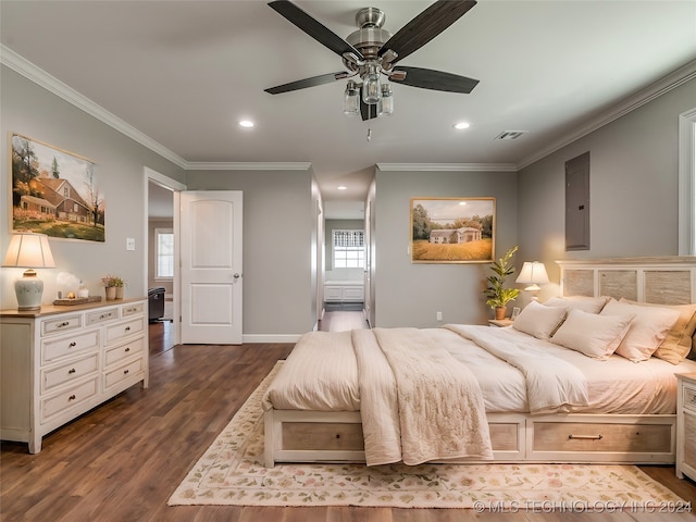 bedroom with ceiling fan, dark hardwood / wood-style flooring, ornamental molding, and electric panel