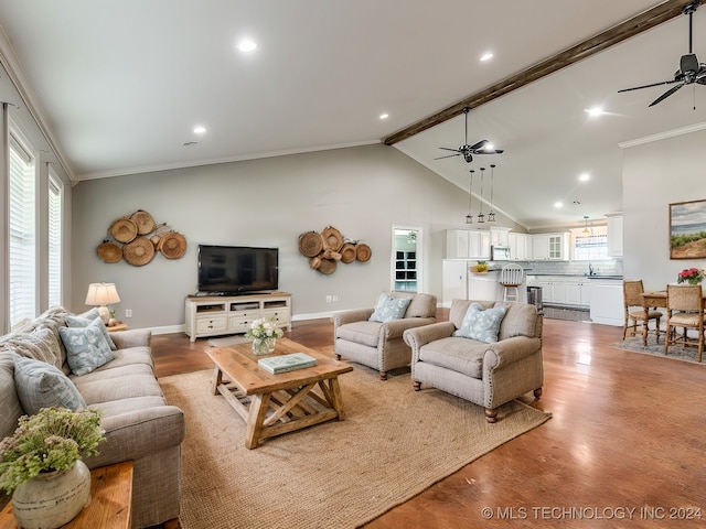 living room featuring vaulted ceiling with beams, ceiling fan, crown molding, and light hardwood / wood-style flooring