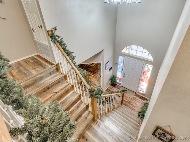 foyer entrance featuring a high ceiling and light hardwood / wood-style flooring