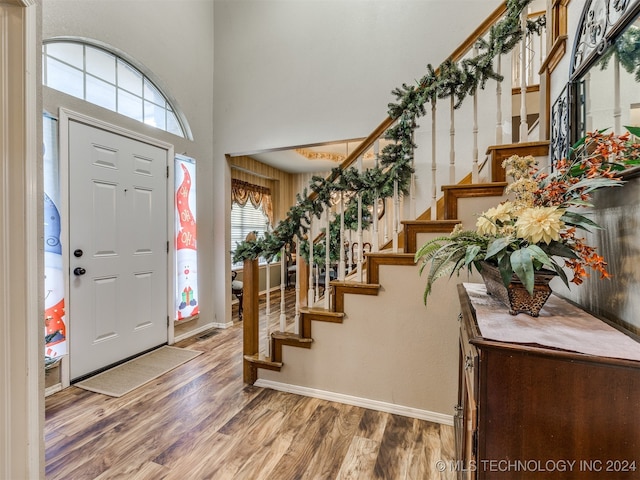 foyer featuring plenty of natural light, wood-type flooring, and a high ceiling