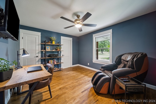 home office with ceiling fan and wood-type flooring