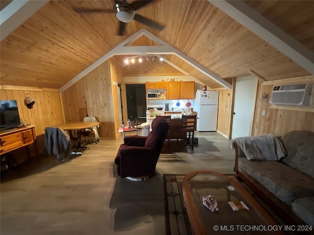 living room with a wall unit AC, ceiling fan, lofted ceiling, and wood ceiling