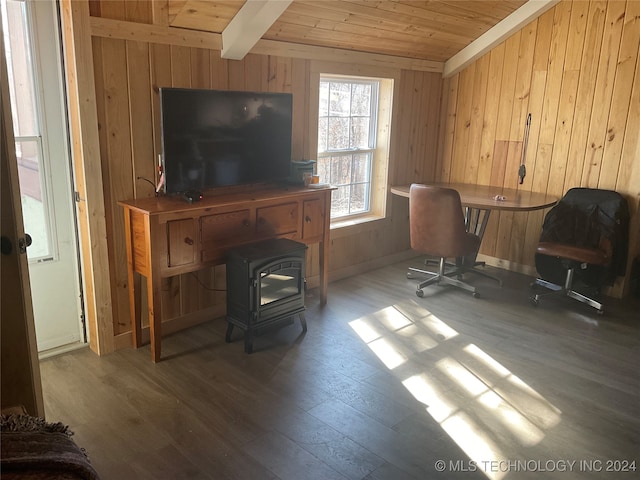 home office with beam ceiling, wooden walls, wood ceiling, and hardwood / wood-style flooring