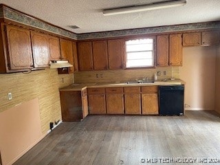 kitchen with dishwasher, dark hardwood / wood-style floors, and a textured ceiling