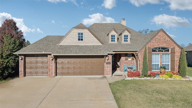 view of front of house with a front yard and a garage