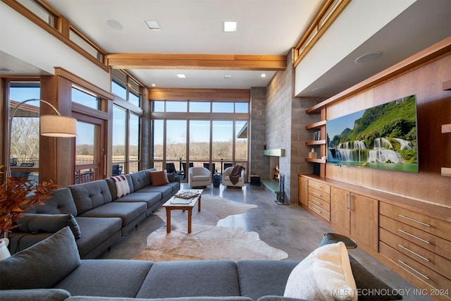 living room with beamed ceiling