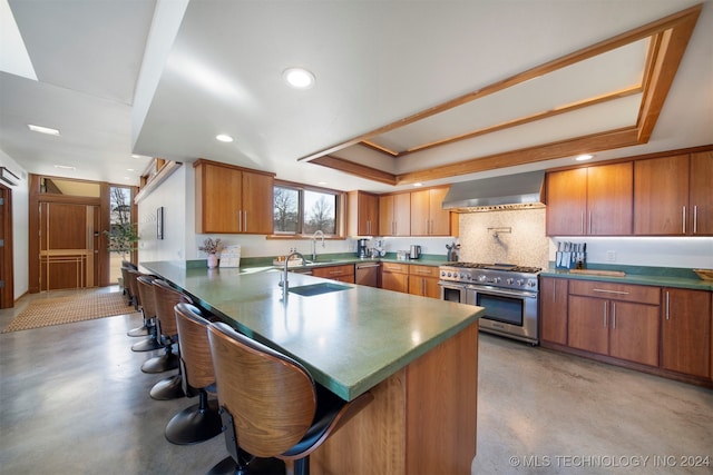 kitchen with kitchen peninsula, appliances with stainless steel finishes, wall chimney exhaust hood, a tray ceiling, and a breakfast bar area