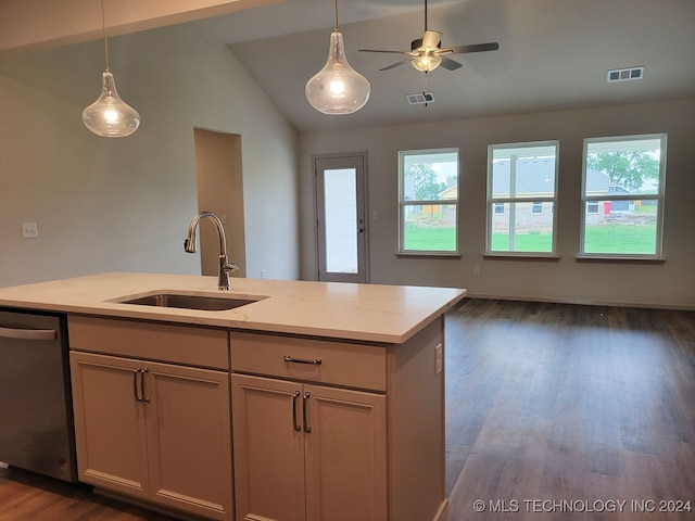 kitchen with dishwasher, sink, light stone counters, dark hardwood / wood-style flooring, and lofted ceiling