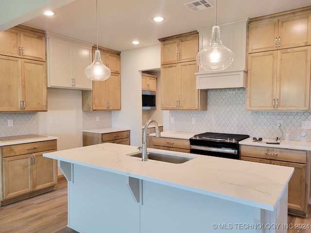 kitchen with sink, light wood-type flooring, an island with sink, appliances with stainless steel finishes, and decorative light fixtures