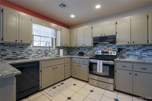 kitchen featuring stainless steel range with electric stovetop, dishwasher, sink, tasteful backsplash, and light stone counters