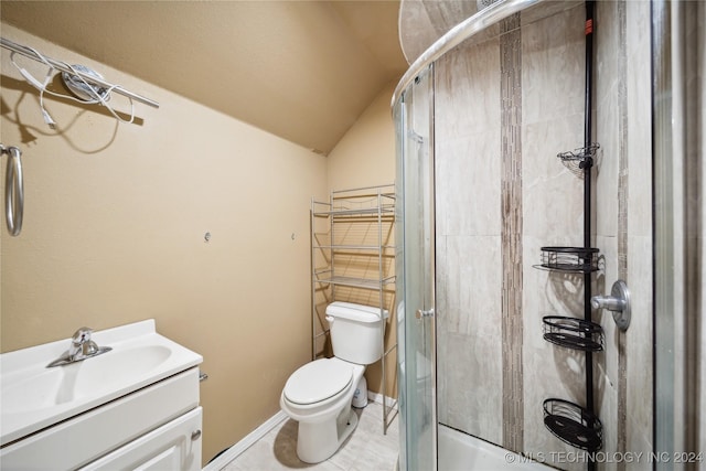 bathroom with an enclosed shower, tile patterned floors, vanity, toilet, and vaulted ceiling