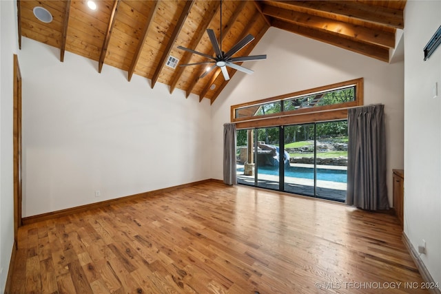 unfurnished living room featuring ceiling fan, beam ceiling, light hardwood / wood-style flooring, wood ceiling, and high vaulted ceiling