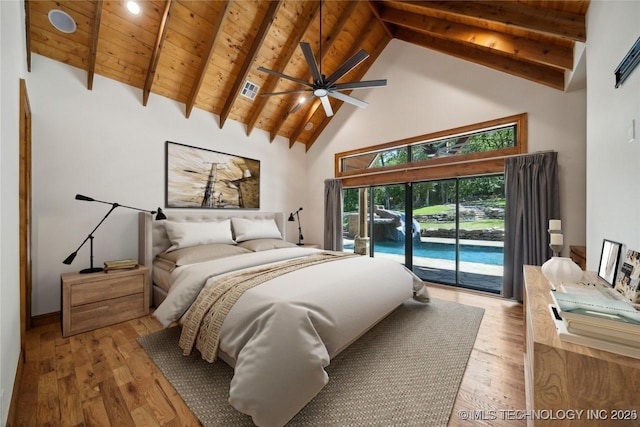 bedroom featuring wood ceiling, light hardwood / wood-style floors, access to outside, high vaulted ceiling, and beam ceiling